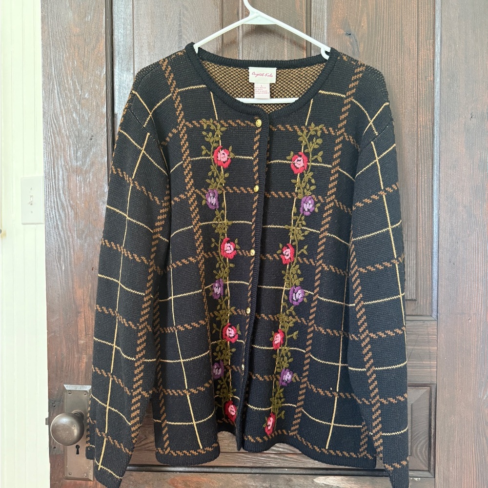 vintage floral embroidered plaid sweater